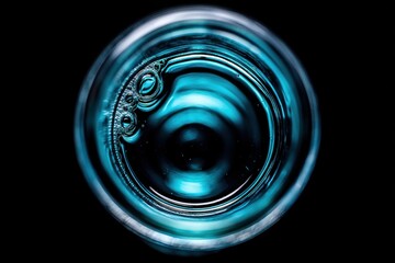 Circular abstract view of blue liquid with bubbles on dark background, dynamic motion and depth, editable visual for science or technology concepts.