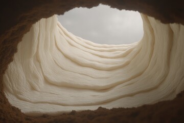 Soft layered white material forming organic cavity with gentle light, abstract natural texture suggesting protection and calm, editable background.