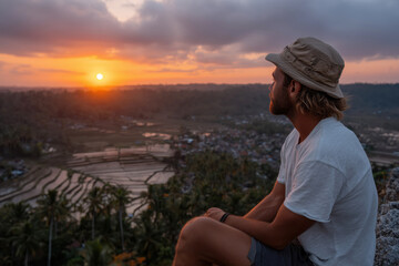 Young man sitting contemplating a vast landscape of rice terraces in Vietnam at sunset