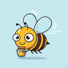 Fototapeta premium A cartoon bee with a honey pot in flight against a simple background