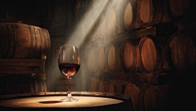 A glass of red wine bathed in a single ray of light in a traditional wine cellar