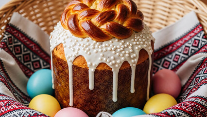 Traditional Easter bread with white glaze and painted eggs

