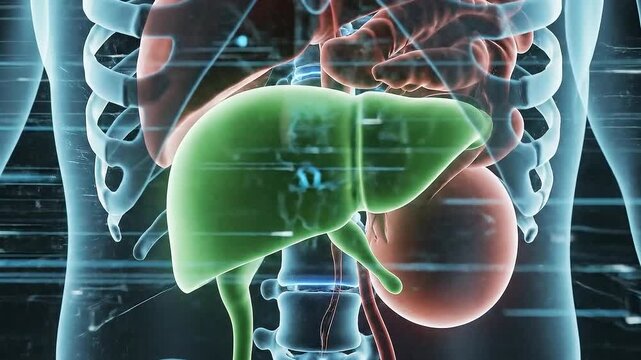 Medical Animation Showing Human Internal Organs With Liver, Kidney, Heart in X-Ray Style, Red, White and Blue Colors on