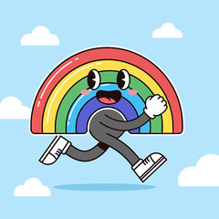 Naklejka premium A cartoon character running with a rainbow in the sky