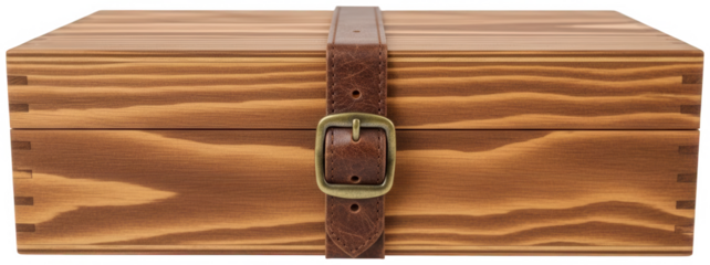 Rustic wooden gift box with leather strap and buckle closure