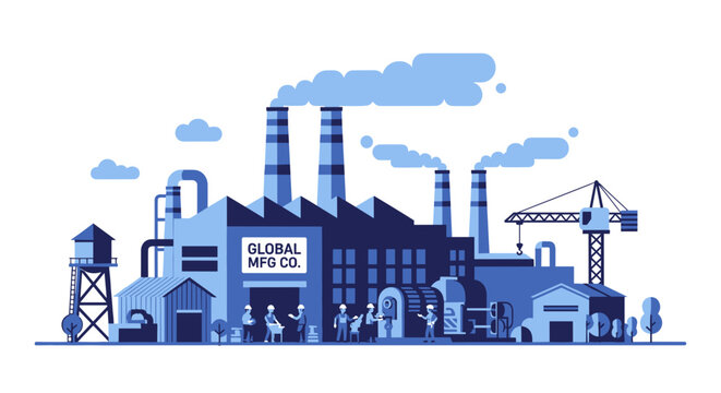 Blue flat vector illustration of a major manufacturing plant with workers and smokestacks symbolizing industry