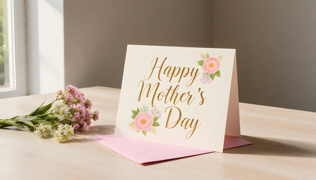 Happy Mother's Day greeting card on light wooden table in minimal interior  