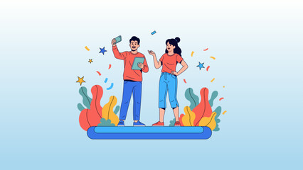 Creative Content Creators Flat Vector Illustration of a Man and Woman Influencer Couple Recording Video or Taking Selfie for Social Media