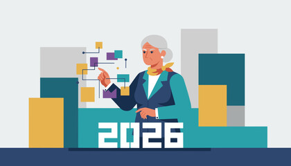 Executive plans 2026 business strategy analyzing data charts and future projections