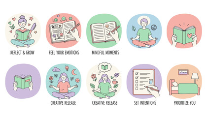 Outline icons set detailing selfcare mindfulness journaling and wellbeing routines for mental health and personal growth