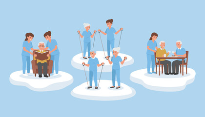 Nurses help seniors read exercise and eat illustrating excellent patient care and active aging