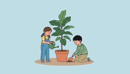 Cute illustration of children watering a plant Concept of gardening growth nature responsibility and ecology