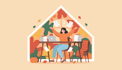 Happy woman celebrating successful work completion in a cozy autumn home office WFH Productivity concept