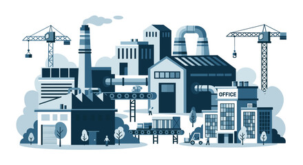 Industrial complex vector illustration featuring manufacturing buildings production lines cranes and office space