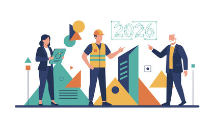 Professional team collaboration on 2026 architecture and business strategy goals Flat vector illustration
