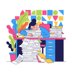 Overworked businesswoman exhausted slumped on huge stacks of paperwork Stress deadline and burnout concept