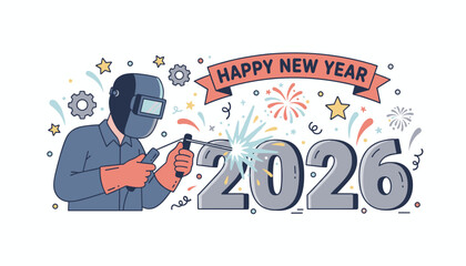 Happy New Year 2026 illustration Welder in mask sparks industry success and future goals