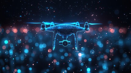 Digital drone illustration, glowing lines and points, bokeh background. Futuristic, aerial, technology concept