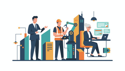 Diverse team managing smart factory operations with executive engineer and administrator