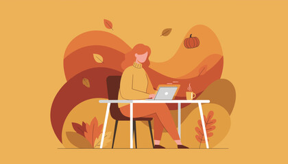 Remote work lifestyle Woman using laptop at desk in cozy autumnal setting with falling leaves and warm colors