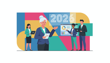 Corporate team collaboration Senior woman leads 2026 business planning with data analysis and digital tools