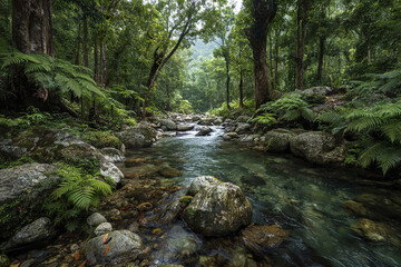 Obraz premium Jungle stream surrounded by ferns and rocks with soft flowing water in lush green forest creating peaceful and refreshing natural scene