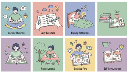 Daily journaling concepts illustration set mindfulness gratitude selflove and creative flow for mental wellness