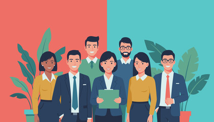 Smiling diverse team of six business professionals standing together Corporate unity and successful collaboration concept