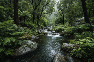 Obraz premium Jungle stream surrounded by lush green ferns and trees with soft flowing water over rocks creating peaceful and refreshing natural forest scene
