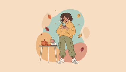 Young person scrolls social media on phone in a cozy autumn scene with pumpkin books and fall leaves Digital lifestyle