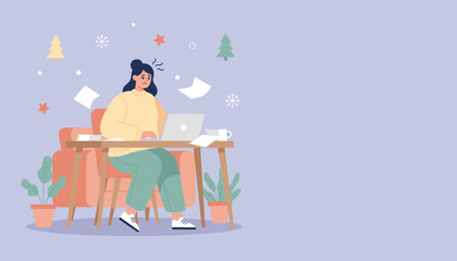 Working woman stressed by winter deadlines and holiday burnout while remote working illustration