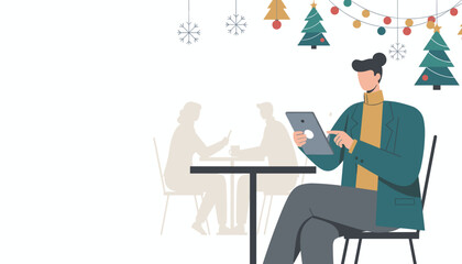 Man using tablet in a festive cafe connecting digitally during winter holidays