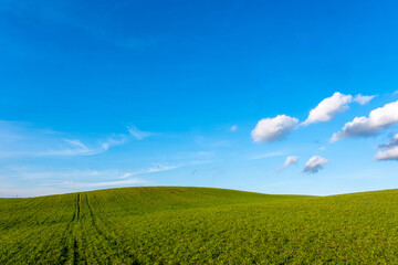Obraz premium Green hill under blue sky with clouds