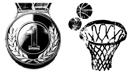 basketball championship medal and hoop