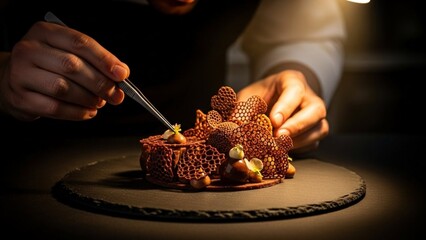 Professional chef meticulously garnishing an exquisite chocolate dessert, showcasing culinary artistry and precision in a gourmet setting
