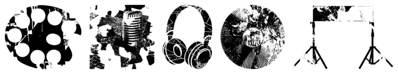 film reel microphone headphones record player backdrop