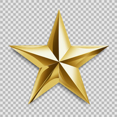 Shiny Gold 3D Star Icon Isolated on Transparent Background, Glossy Metallic Golden Star for Rating, Award, Achievement, and Success, Realistic Vector Illustration for Quality Ranking and Win