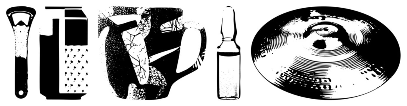 Kitchen tools and medical ampoule with cymbal in black and white vector illustration