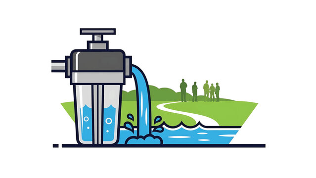 A cartoon illustration depicts a water filter releasing clean water into a stream, with a group of people observing