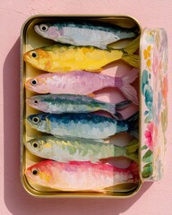 Colorful Sardines in Painted Tin Can with Artistic Brush. Creative conceptual artwork of sardines in a tin can, painted in thick oil strokes with vibrant colors and pastel background.