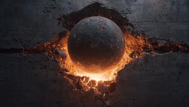 A luminous sphere erupts from a cracked, weathered concrete wall, surrounded by fiery embers - Powered by Adobe