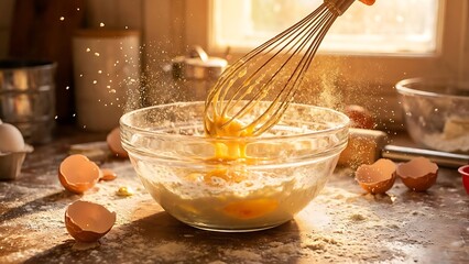 Whisking eggs and flour in a glass bowl, creating a culinary masterpiece, close-up action shot