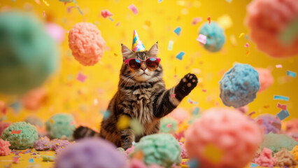 Tabby cat wearing sunglasses and party hat celebrates with confetti and colorful balls