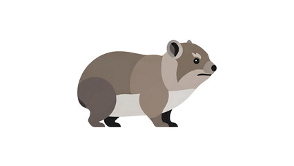 Fototapeta premium A cartoonish depiction of a small, stout mammal in shades of brown and gray, with black paws and a slightly grumpy expression. The background is white