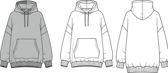 Technical fashion sketch of women's oversized long sleeve hoodie featuring a kangaroo pocket and ribbed trim for apparel manufacturing and design