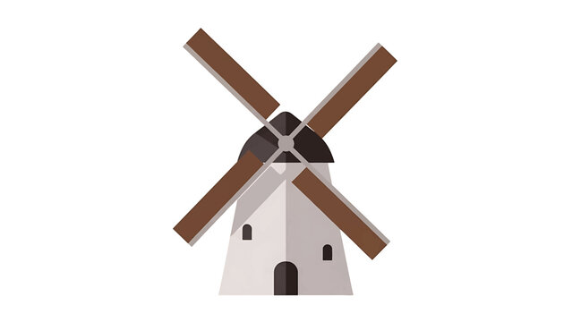 A cartoon-style illustration of a white windmill with four brown blades rotating against a pristine white background. The mill has a dark gray top, and small dark openings