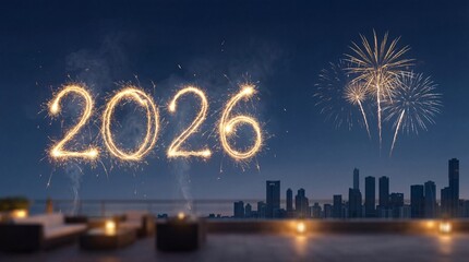 New Year 2026 Celebration with Sparkler Numbers and Fireworks over City Skyline at Night