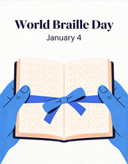 World Braille Day illustration featuring a Braille book with blue hands and ribbon, bright colors on a white background, January 4, symbolizing literacy, accessibility, and celebration