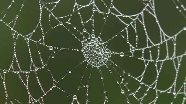 A close-up view of a dew-kissed spider web showcasing intricate patterns and water droplets