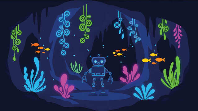 A cartoon scene depicts a robot in a dark, underwater cave. Colorful coral and fish swim among luminescent foliage